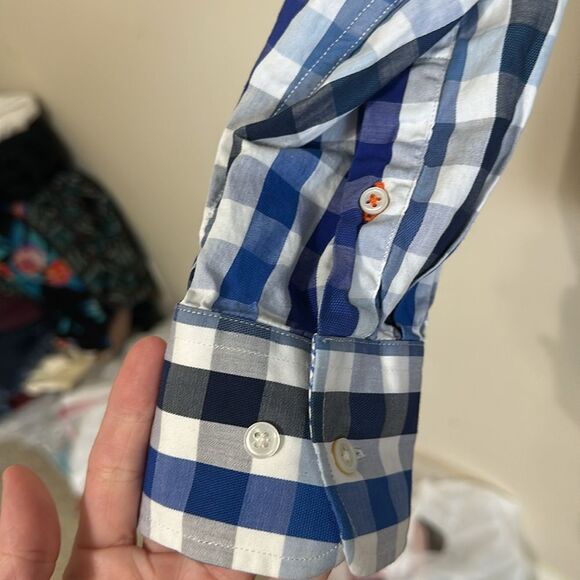 J. Mclaughlin Shirt Men Medium Button Up Long Sleeve blue checkered casual - Picture 4 of 6